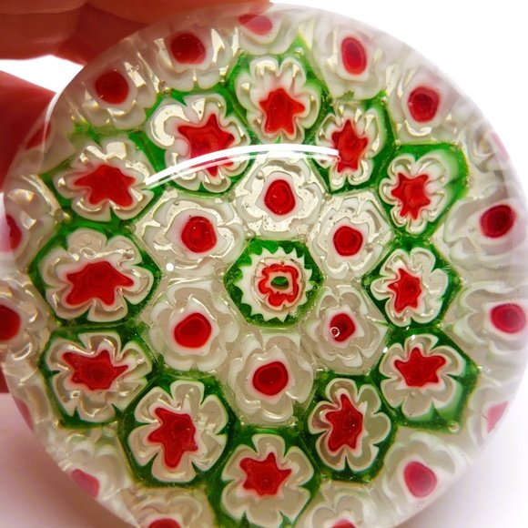 Millefiori Paperweight Glass White Red Green Flowers Handmade - Picture 5 of 5